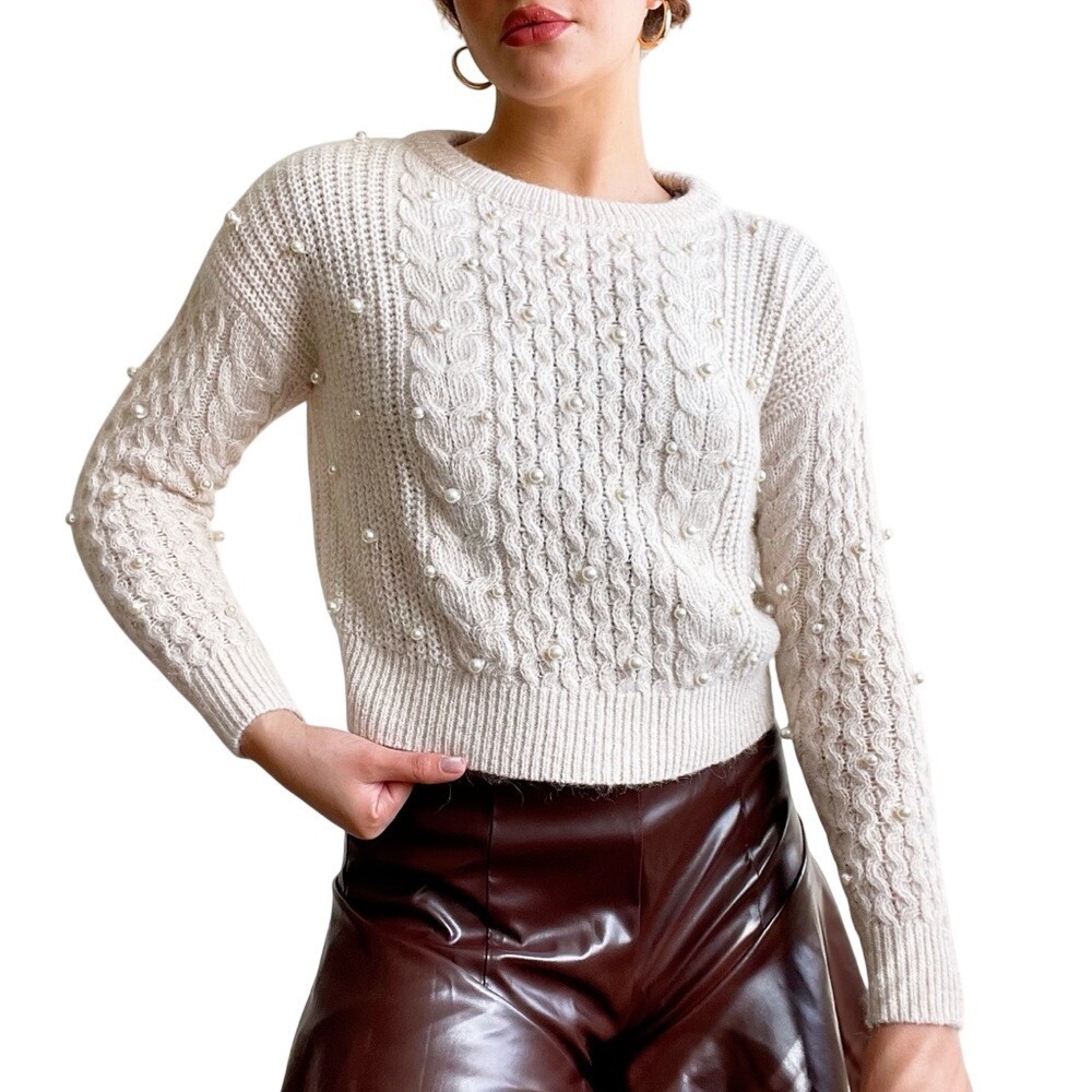 Abercrombie & Fitch Preppy Heritage Embellished Pearl Cable Knit Wool Sweatshirt